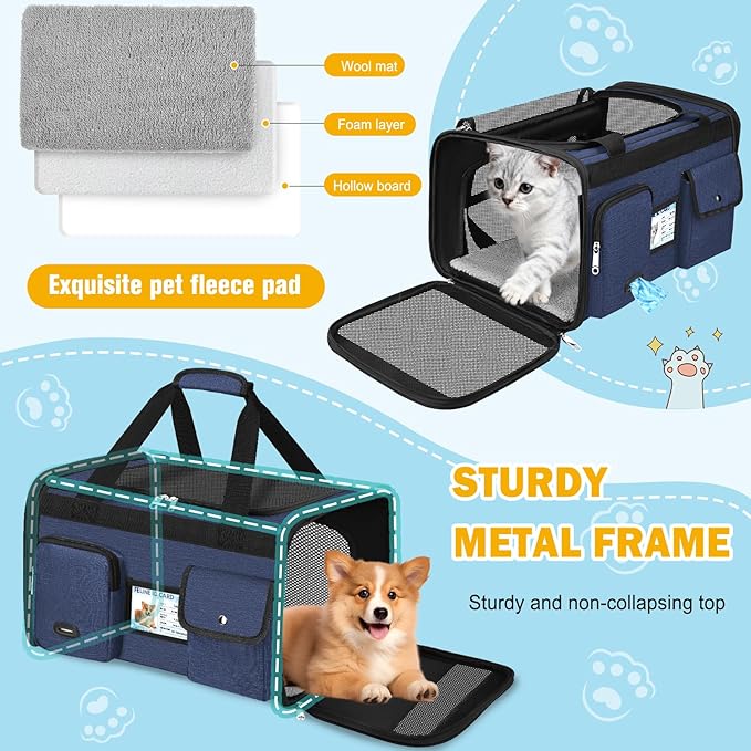 HUANLANG Soft-Sided Cat Carrier Airline Approved,Dog Carriers for Small Dogs Medium Cats,Pet Travel Carrier Up to 20 Lbs,Collapsible Cat Bag