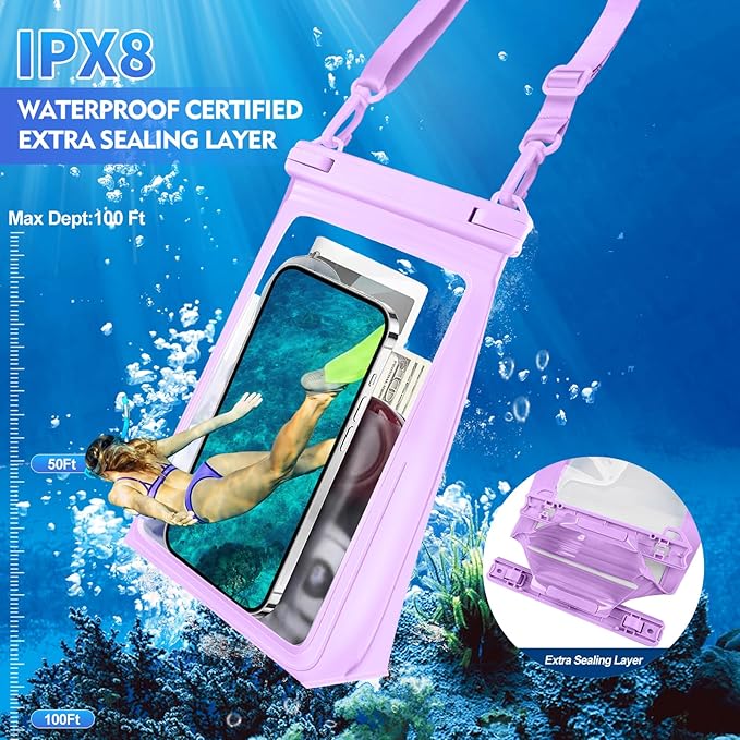 Large Waterproof Phone Pouch Floating, Waterproof Phone Case for iPhone 15 14 Pro Max 13 12 Plus 11 XS XR X Samsung up to 8.5'', IPX8 Water Proof Cell Phone Dry Bag for Beach Swimming Kayaking, Purple