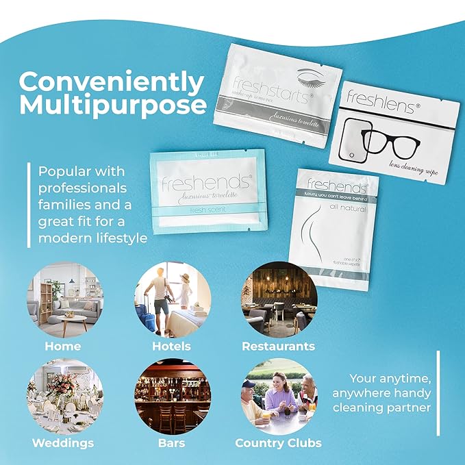 Freshends Luxurious Towlette Variety Bundle: (25) Freshends, (25) Freshstarts, (25) Freshlens, (25) Hand Sanitizer Wipes. Flushable toilet tissues, personal care wipes, and travel-friendly wet wipes