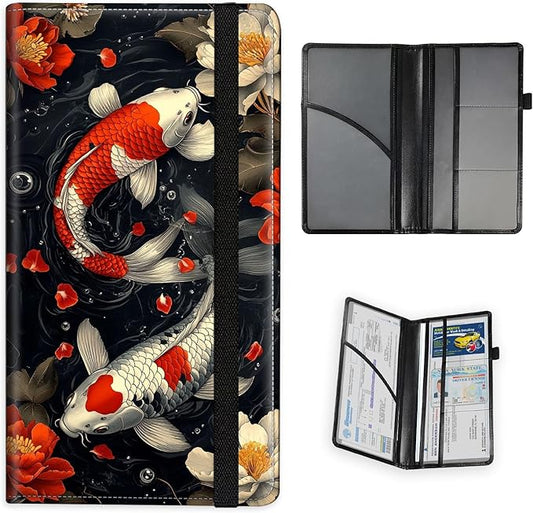 Car Registration and Insurance Holder PU Leather Vehicle Insurance and Registration Holders Wallet Case with Elastic Band Closure for ID Card, Driving Licence, Koi Fish Flowers