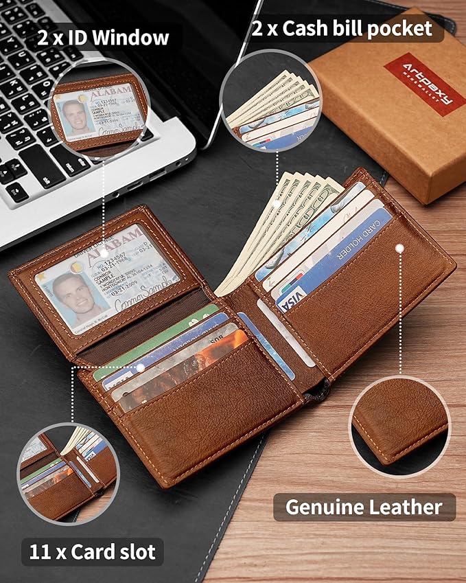 Artpaxy Mens Wallet Bifold Genuine Leather RFID Blocking Wallet for Men with 2 ID Windows 11 Card Holders 2 cash pockets 1 Gift Box