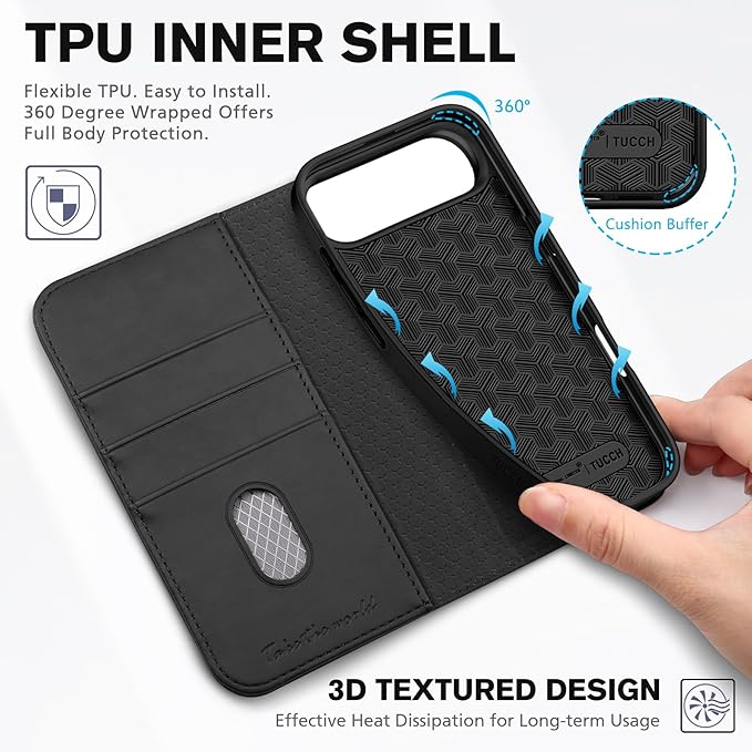 TUCCH Case Wallet for iPhone Air (6.5") 2025, RFID Blocking 3 Card Holders | Kickstand | PU Leather | Protective Flip Folio Cover | TPU Shockproof Interior Shell | Black