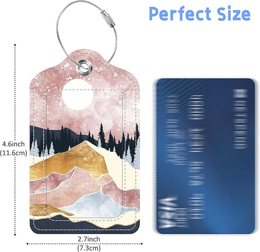 Art Mountains Luggage Tags 2PCS PU Leather Suitcases Tag with Stainless Steel Loop and Privacy Name Address Cover Label Card for Women Men Travel