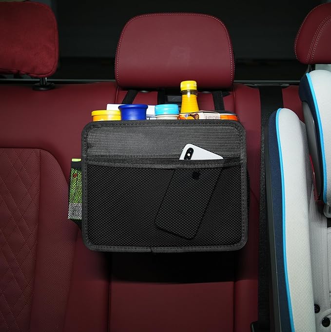 Car Seat Back Organizer Hanging Bag [2025 UPDATED] Foldable Backseat Storage Caddy with 5 Compartments & Adjustable Straps, Fits for Front/Back Headrest, Ultra-Durable - Black