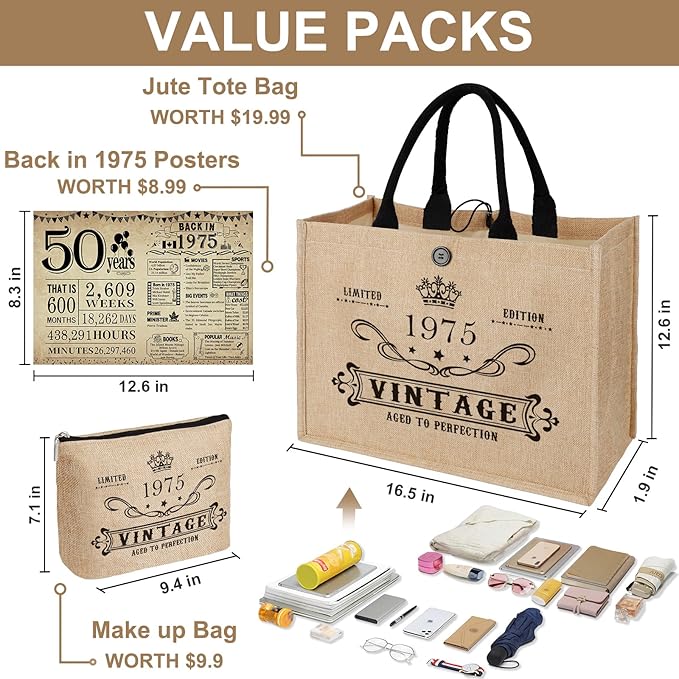 YeohJoy 50th Birthday Gifts for Women Jute Tote Bag, Vintage 1975 Burlap Bag with Cosmetic Bag and Back in 1975 Poster, Unique 50 Years Old Gifts for Mom Friends Wife Sister Her