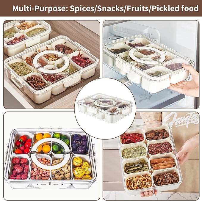 Snackle Box Container Tray with Lid and Handle, Fruit Storage Containers for Fridge, Divided Serving Tray with Lid, Snack Organizer, Portable Travel Snack Container, Perfect for Party, Travel