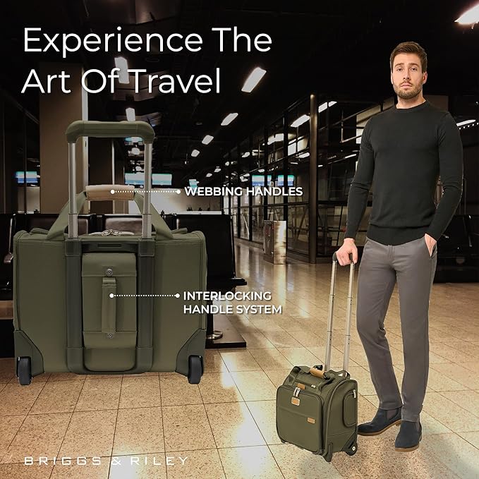 Briggs & Riley 2-Wheel Cabin Bag - Carry On Luggage for Travel, Suitcases with Wheels, Softside Rolling Bag for Men & Women, Interlocking Handle, Self-Repairing Zipper - Baseline Collection, Olive