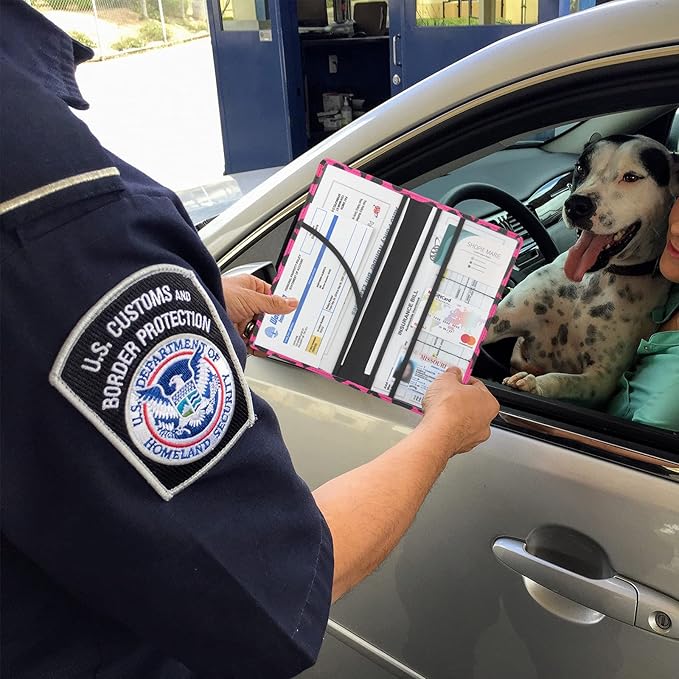 Premium Car Registration & Insurance Card Holder with Magnetic Shut, Vehicle Glove Box Car Organizer - For Documents, Cards, License (Leopard B)