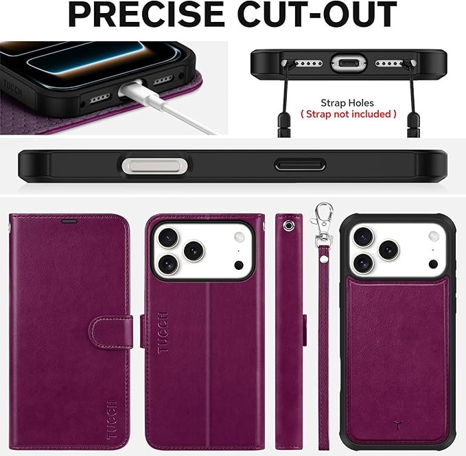 TUCCH Detachable Case Wallet for iPhone 17 Pro Max (6.9") 2025, Wrist Strap | 4 Card Slots RFID Blocking | Wireless Charging | Stand | 2-in-1 Magnetic | PU Leather | Shockproof Cover | Plum Purple