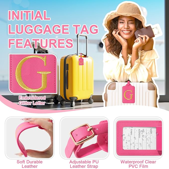 Personalized Rose Red Leather Initial Luggage Tags with Privacy Cover Name Card, Custom Monogram Embroidered Cute Suitcase Tags for Women Kids