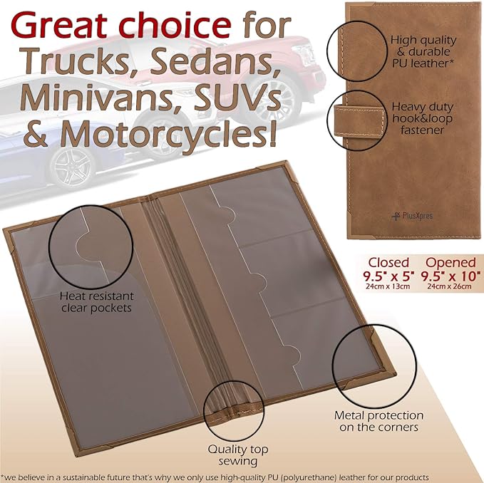 Auto Insurance and Registration Card Holder - Vehicle Glove Box Document Organizer - Car Essential Paperwork Holder for DMV, AAA, Contact Information Cards - Premium PU Leather Wallet Case - Brown