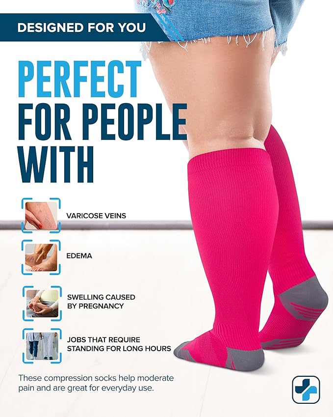 Doctor's Select 3 Pairs Plus Size Compression Socks Wide Calf - Up to 6XL | 20-30 mmHg Compression Socks for Women Wide Calf | Pink, Purple, Blue
