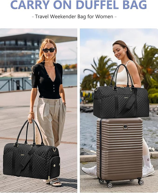 Women Weekender Travel Duffle Bag: Travel Duffel Overnight Bags with Shoe Compartment Large Carry on Tote with 2 Toiletry Bags Weekend Traveling Yoga Gym Hospital Bag for Womens with Wet Pocket Black
