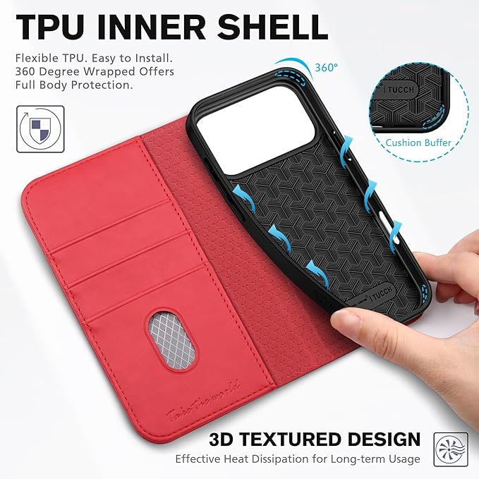 TUCCH Case Wallet for iPhone 17 Pro Max (6.9") 2025, RFID Blocking, 3 Card Holders, Kickstand, PU Leather, Protective Flip Folio Cover, TPU Shockproof Interior Shell, Bright Red