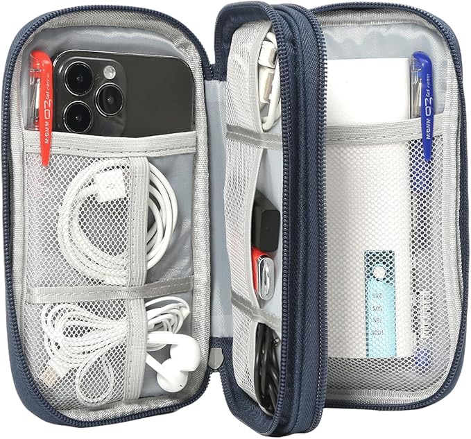 Electronic Bag Travel Cable Accessories Bag Waterproof Double Layer Electronics Organizer Portable Storage Case for Cable, USB, Cord, Charger, Phone, Power Bank, Earphone (Navy Blue, Large)