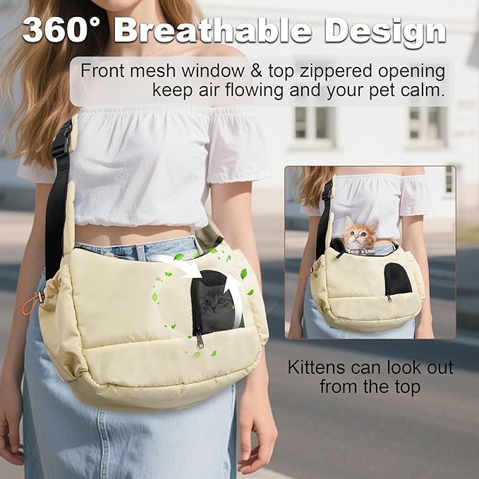 Dog Sling Carrier for Small Pets, Cat Sling for Kitten and Puppy up to 7 lbs, Breathable Cat Pouch Pet Purse with Soft Mat, Hands-Free Pet Carrier with Safety Harness and Pockets for Travel, Yellow
