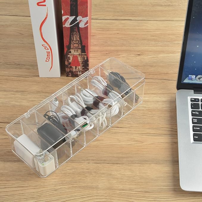 Electronics Organizer 7 Sections Clear Acrylic Cable Storage Bin Box Cord Holder with 20 PCS Reusable Fastening Fabric Cable Ties Straps Cord Wraps (7 Sections/with Cover)
