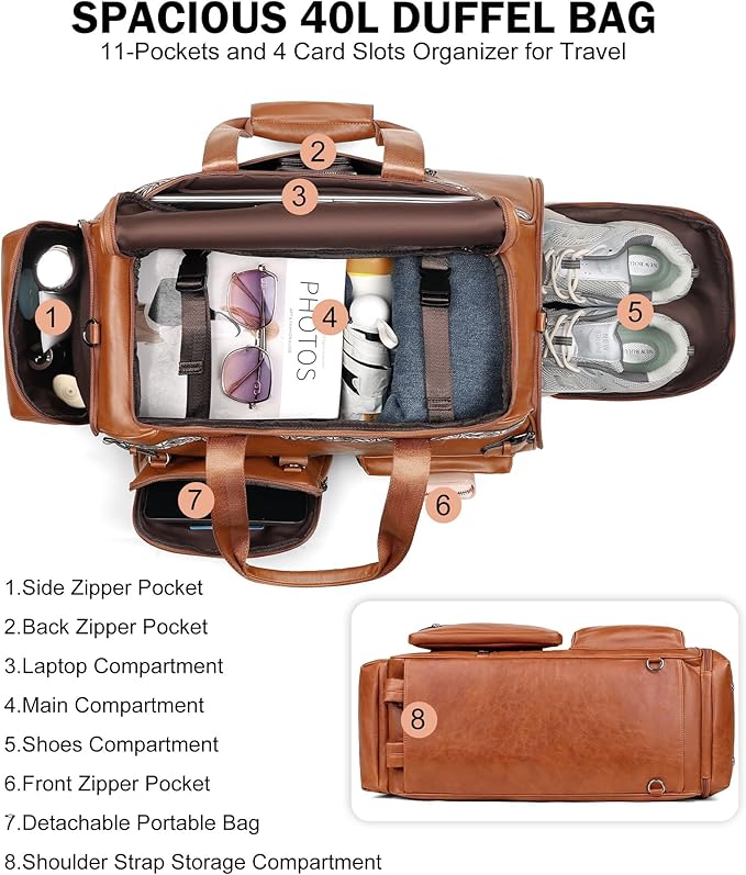 FADEON Duffle Bag for Women, Large Convertible Carry on Overnight Backpack, Designer Leather Mens Weekend Bags for Travel