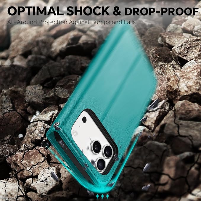 TUCCH Detachable Case Wallet for iPhone 17 Pro Max (6.9") 2025, Wrist Strap | 4 Card Slots RFID Blocking | Wireless Charging | Stand | 2-in-1 Magnetic | PU Leather | Shockproof Folio Cover | Cyan