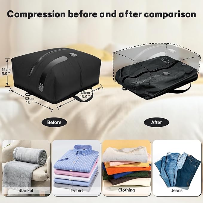 ONTYZZ Two Pack Dark Black Travel Vacuum Compression Bags Space Saver Vacuum Bags Reusable Compression Bag with IP67 Waterproof Zipper for Travel Suitcases and Backpack（NO PUMP!）