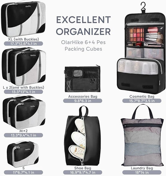 ALL INCLUDED 10 Set Durable Packing Cubes for Suitcases,OlarHike Essentials for Travel,UPGRADED Anti-Tear Stitching, NEW Improved Luggage Packing Organizers for Travel Accessories (Ink)