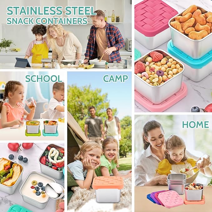 Ryrokxivi 4PC 6oz Stainless Steel Snack Containers for Kids, BPA-Free Metal Toddler Snack Containers with Silicone lids, Leakproof Reusable Lunch Containers for School, Travel, Bento, Daycare