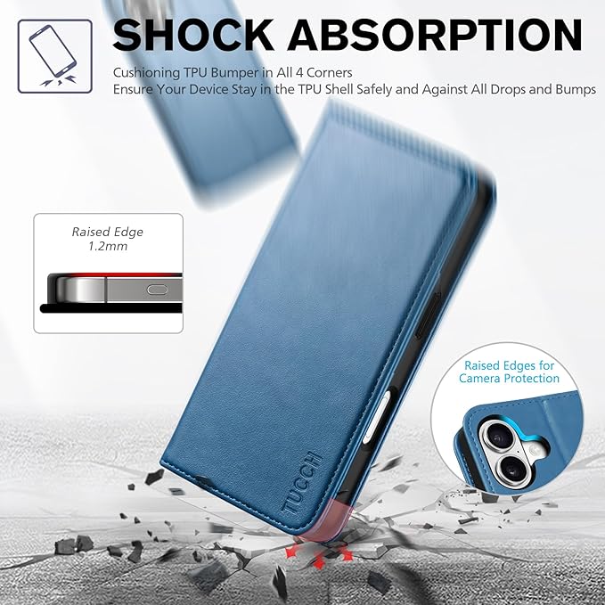 TUCCH Wallet Case for iPhone 17 (6.3-Inch) 2025, 3 Credit Card Slot | RFID Blocking | Stand | PU Leather | Shockproof TPU Interior Shell | Protective Flip Folio Cover | Lake Blue