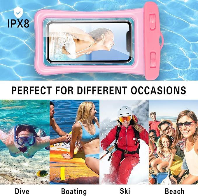 2 Pcs Waterproof Phone Pouch, Universal IPX8 Floating Waterproof Cell Phone Case Dry Bag, Compatible with Most Cell Phone on Market, Waterproof Phone Protector for Beach Swimming (Pink + Purple)