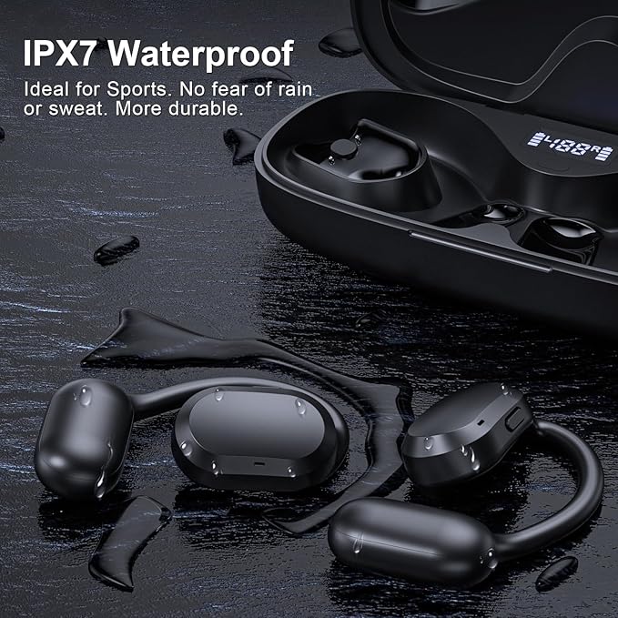 TTQ Open Ear Headphones, Open Ear Earbuds, IPX7 Waterproof, Bluetooth 5.3 True Wireless Sports Over Ear Earbuds with Earhooks, Built-in Mic, Crystal-Clear Calls for Running Workout Cycling Driving