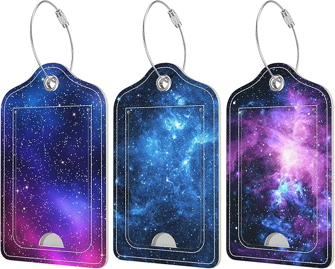 Rimilak 3 Pcs PU Leather Luggage Tags for Suitcase, Travel Cruise Luggage Tag with Privacy Flap, Name ID Label and Metal Loop for Women Men Baggage Handbag School Bag Backpack, Galaxy