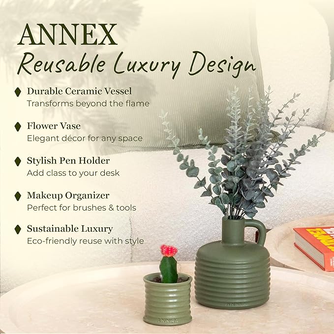 Scented Luxury Candles in Handmade Ceramic Jars, Soy Wax | Woody Wood – Oud & Agarwood, Large Candle | Non Toxic, 2 Wicks, Reusable Big Olive Green Jar | Natural Spring Aromatherapy for Women & Men