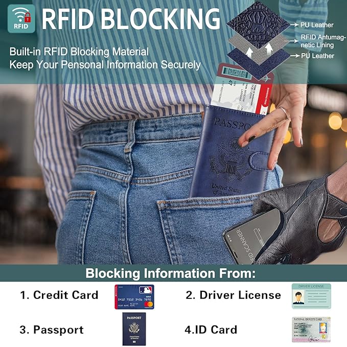 RSAquar Passport Holder for Women and Men, Premium PU Leather Travel Passport Wallet RFID Blocking Passport Cover Travel Documents Organizer with Pen Holder, Blue