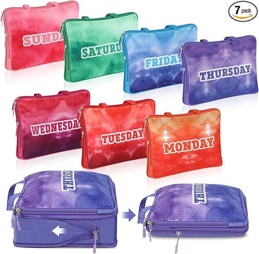 Paterr 7 Pcs Days of Week Packing Cubes Compression Packing Cubes for Kids Summer Camp Travel Daily Outfit Suitcase Organizers Zippered Storage Bag for Cruise Vacation Essentials(Multicolor)