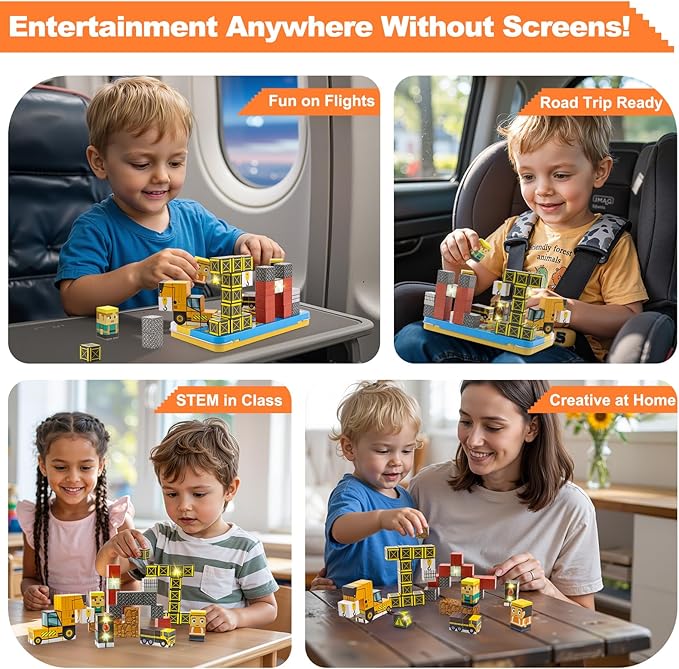 Aywewii Travel Magnetic Blocks 45 PCS Travel Games for Kids Ages 3-5, Magnet Building Cubes STEM Learning Set with Iron Case - Portable Building Toys for Boys and Girls (Construction Edition 1)