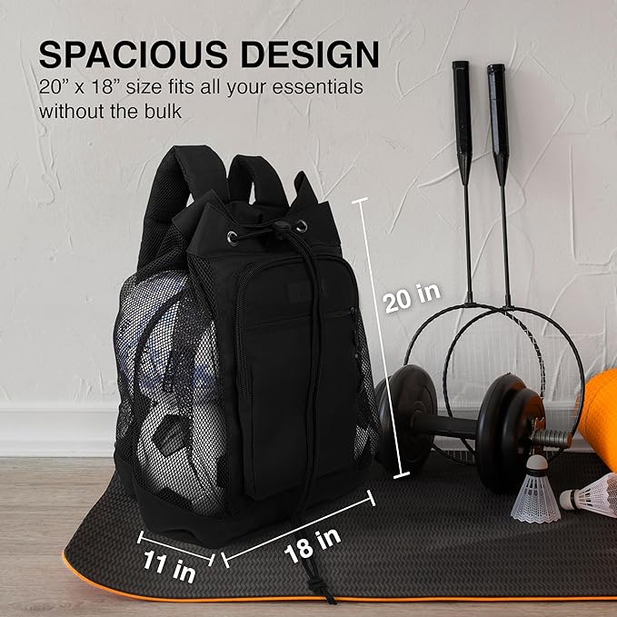 Fitdom Heavy Duty Small Mesh Equipment Ball Bag w/Adjustable Backpack Shoulder Strap Design for Coach. 2 Different Size Compartments. Perfect for Soccer Football Volleyball Basketball & Water Sports