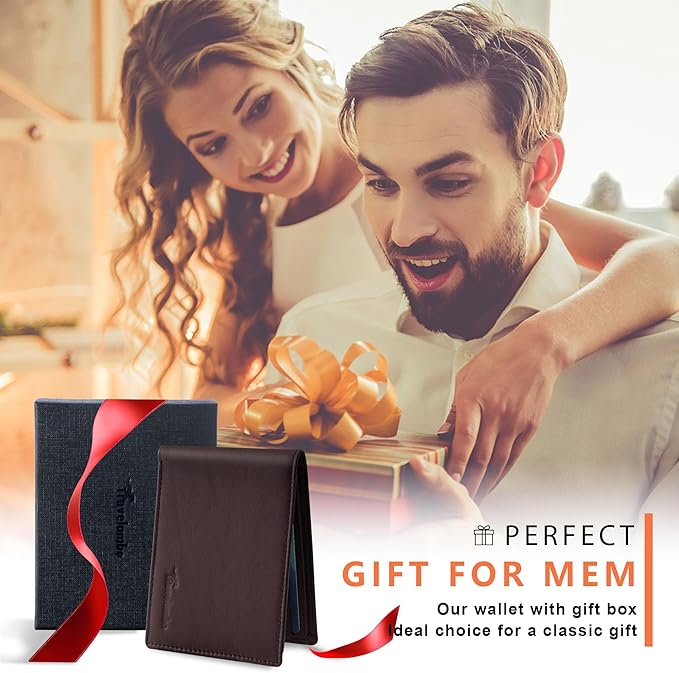 Travelambo Genuine Leather Wallet for Men with Gift Box - Handmade Bifold Stylish - Mens Wallets Rfid Blocking with 2 ID Windows