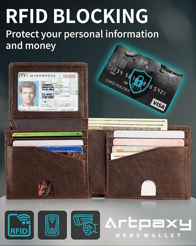 Mens Wallet With AirTag Holder, Bifold Leather RFID Blocking 1-2 ID Windows 12-13 Card Holders, Gift Box and Screen Protector Included, AirTag Not Included