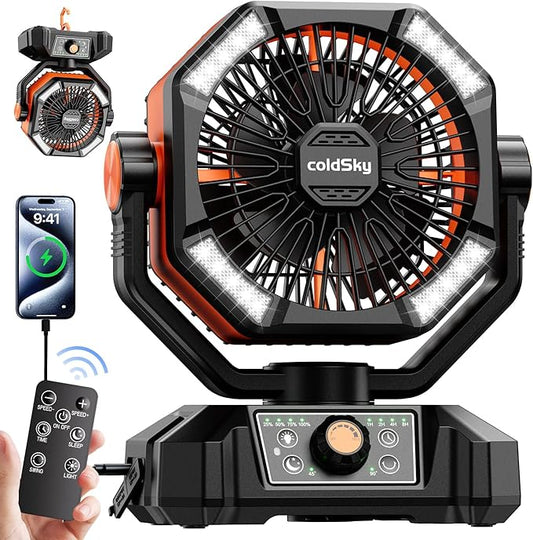 coldSky 𝟮𝟬𝟬𝟬𝟬𝗺𝗔𝗵 Camping Fan with 𝗗𝘂𝗮𝗹 𝗠𝗼𝘁𝗼𝗿, Battery Operated Fan with 4 LED Lantern, 8 Speeds Desk Fan with Remote, Portable Outdoor Fan with Hook for Tent, Power Outages, Jobsite