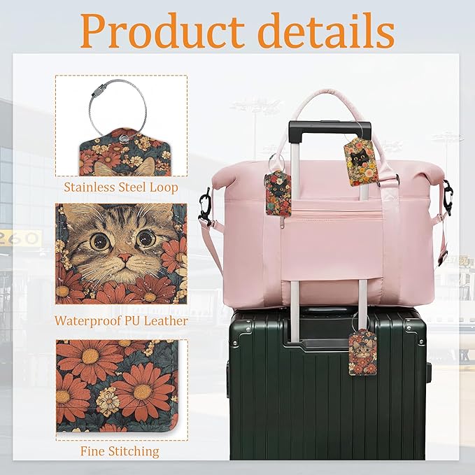 Flower Cat 3 Pack Luggage Tag for Suitcase, Unique Leather Travel Tags Identifiers with Privacy Name Address Labels & Durable Steel Loop for Women Men Travel