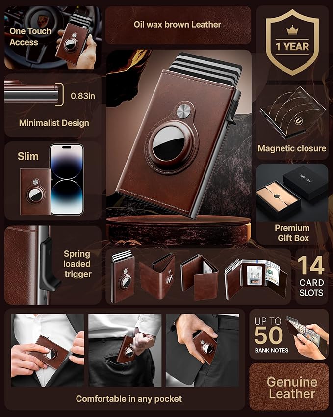 typecase Mens Wallet Card Holder for AirTag: Leather Smart Wallet for Men Compatible with Apple Air Tag, RFID Blocking, Slim, Minimalist - 9-14 Card Capacity | ID Window | Cash Slot (Brown)