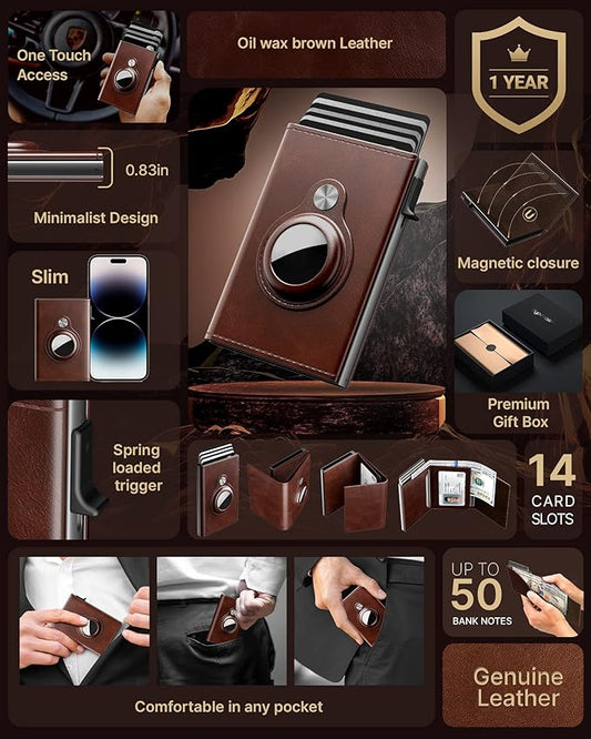 typecase Mens Wallet Card Holder for AirTag: Leather Smart Wallet for Men Compatible with Apple Air Tag, RFID Blocking, Slim, Minimalist - 9-14 Card Capacity | ID Window | Cash Slot (Brown)