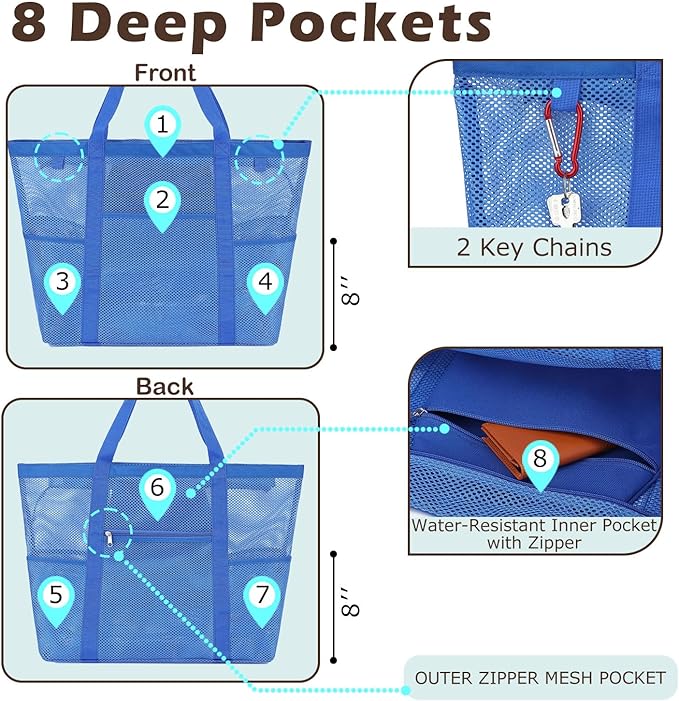 Mesh Beach Bag, Large Beach Tote with Zipper Pocket for Family Pool Bag for Toys & Vacation Essentials