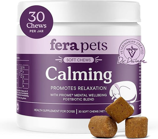 Fera Pets Dog Calming Chews - Anxiety Relief Support - Promotes Relaxation - Ashwagandha & Priome® Mental Wellbeing Postbiotic Blend - 30 Soft Chews