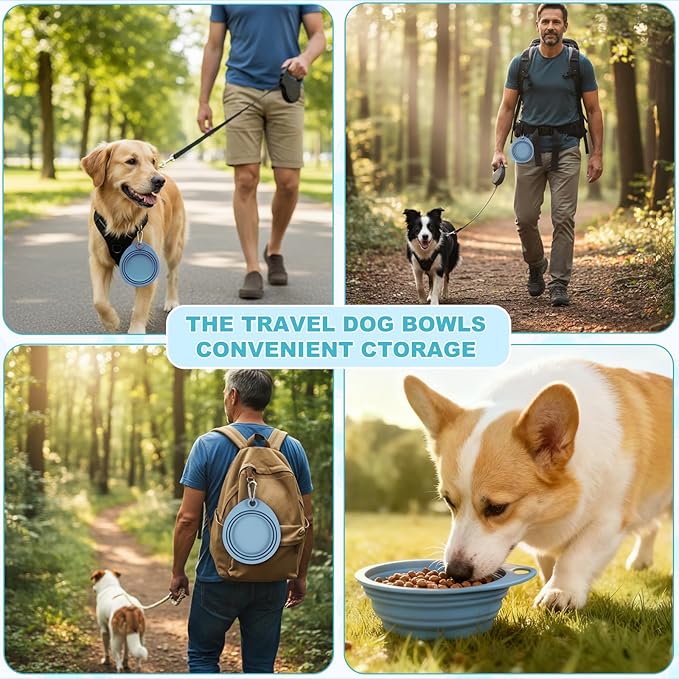 2-Pack Silicone Collapsible Dog Bowls with 4 Carabiners, Food-Grade Portable Pet Travel Bowls for Dogs & Cats, Foldable Water Feeder for Outdoor, Hiking, Camping(Blue)