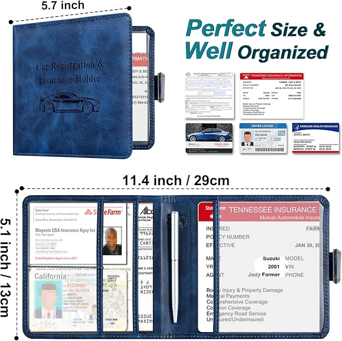 Car Registration and Insurance Holder, Folio Leather Vehicle Card Document Glove Box Organizer Auto Truck Compartment Accessories for Essential Information, Men&Women by YAVIV, Blue