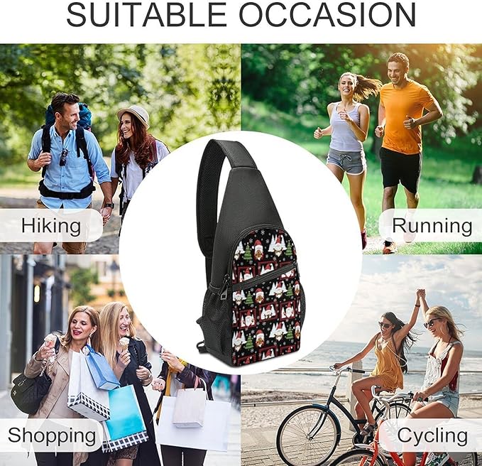 SWEET TANG Fashion Sling Backpack for Men Women, Lightweight Sling Shoulder Bag, Outdoor Chest Crossbody Bike Gym Runner Daypack with Adjustable Strap, Red Gnomes Snow Christmas