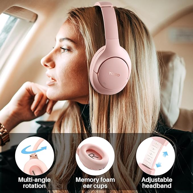 TOZO HT2 Hybrid Active Noise Cancelling Headphones, Wireless Over Ear Bluetooth Headset, 60H Playtime, Hi-Res Audio Custom EQ via App Deep Bass Comfort Fit Ear Cups, for Home Office Travel