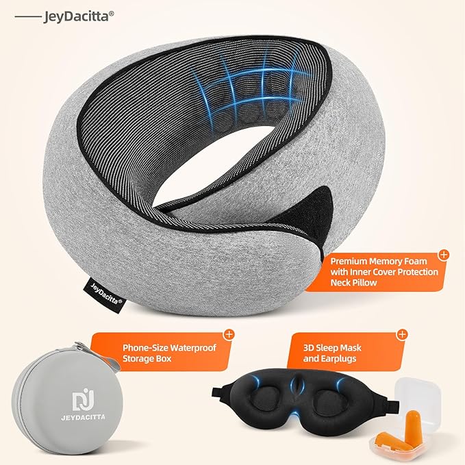 Premium Travel Pillow, Upgraded Memory Foam Neck Pillow, 360° Ergonomic Design Airplane Pillow Travel Pillows for Airplanes, Cars, Offices, Home Use, Ideal for Adults and Kids (Light Gray)