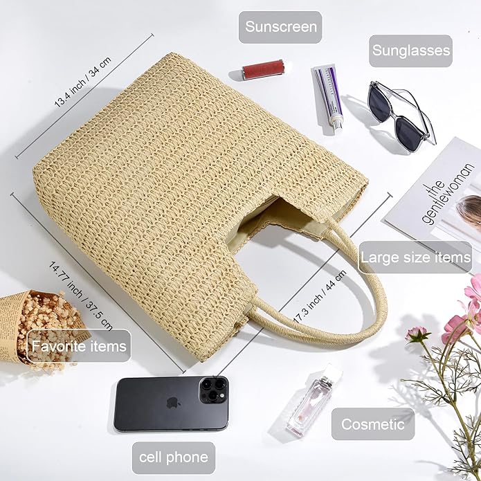 Straw Beach Bags for Women Woven Beach Tote Bag Casual Boho Large Shoulder Handbags Purse for Vacation Holiday