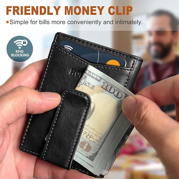 Housmai Magnetic Closure Slim Wallet for Men with Money Clip Gift Boxed,Genuine Leather Front Pocket Wallet, 3.9"x 2.7", RFID Blocking